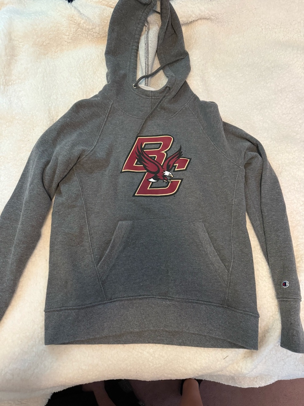 Champion Gray Crewneck Hoodie with Maroon and Gold Boston College Logo